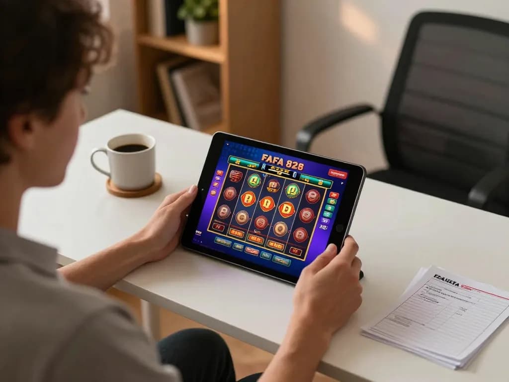 Player engaging with FAFA 828 slot game on tablet in stylish home setup, promoting responsible gaming.