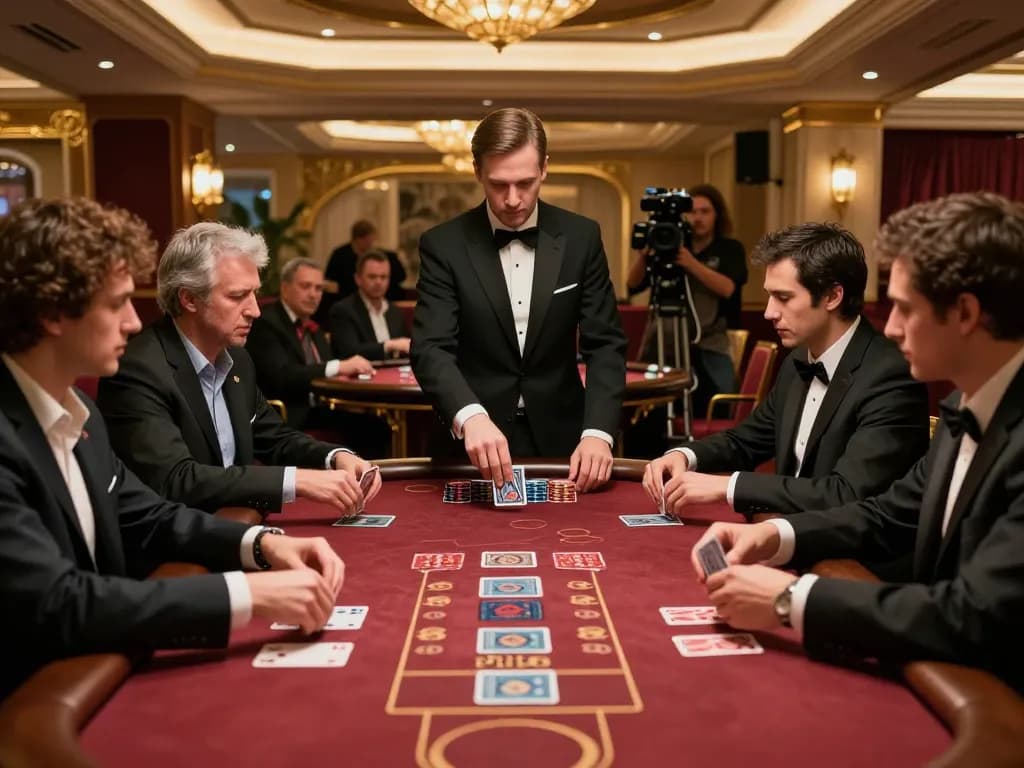 Players engaging in a high-stakes blackjack game at MM88 casino, vibrant atmosphere with intense focus.