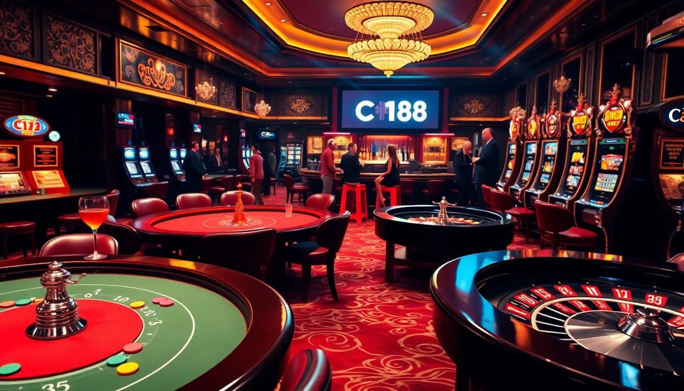 Engaging gamblers at C168's luxurious casino with vibrant tables, chips, and modern slot machines.