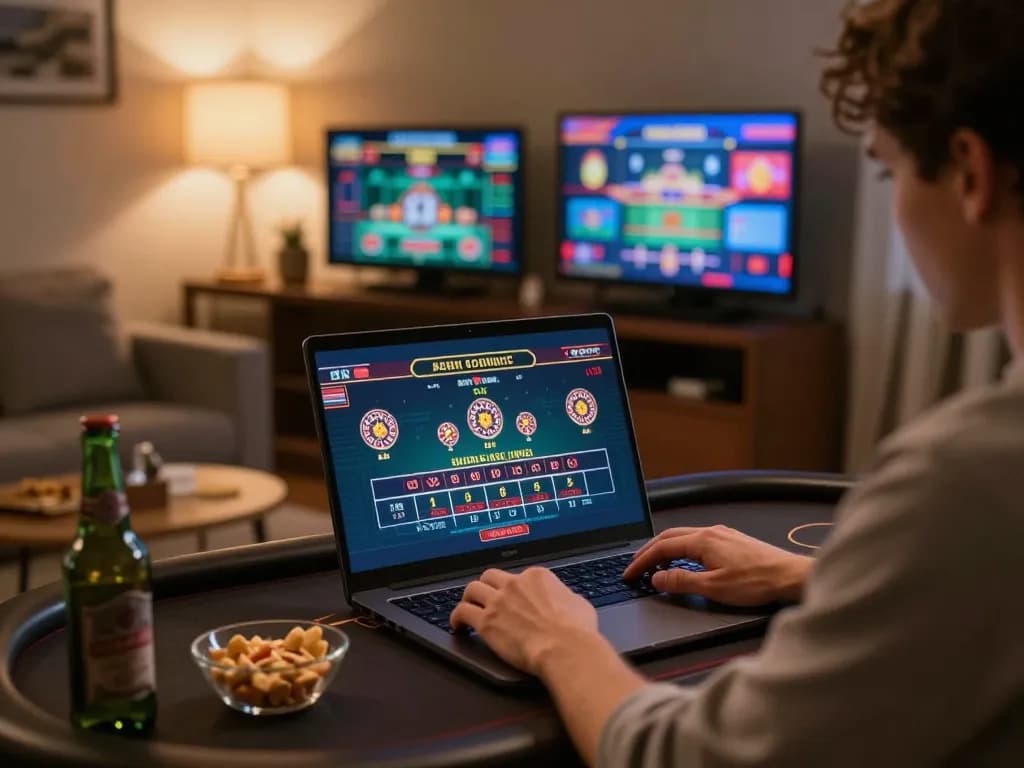 Player engaging in cm88 live dealer roulette from home, laptop screen displaying dynamic betting options.