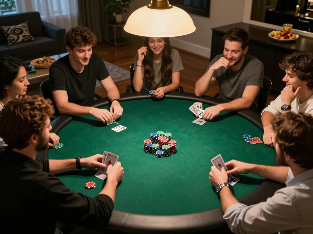Players enjoying an engaging poker game at home with sun win chips on the table.