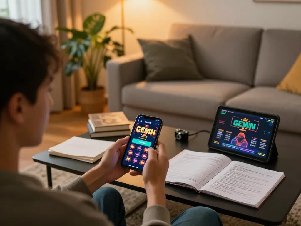 Engaging in GEM WIN mobile gaming from a cozy home setup, showcasing casino app excitement.