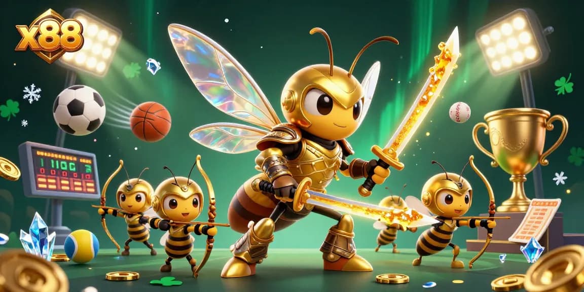 Experience the excitement of gambling at x88, where a golden hornet samurai leads betters amidst vibrant sports action.