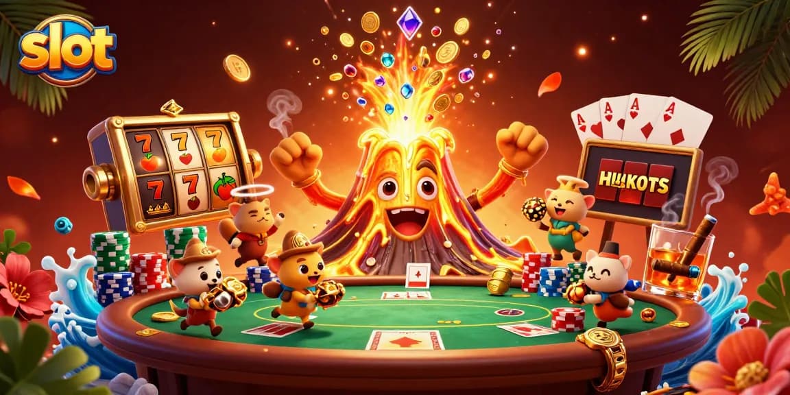 Spin the slots and watch treasures erupt from a golden volcano in this engaging casino art.