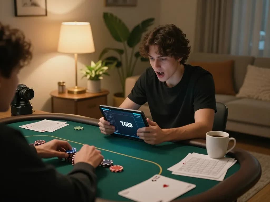 Player engaging with TG88 poker app on tablet, enjoying a cozy home gaming experience