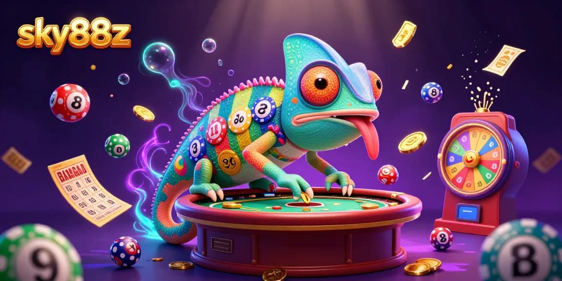 Experience vibrant excitement in sky88z's online casino illustrated with dynamic casino elements and a colorful chameleon.