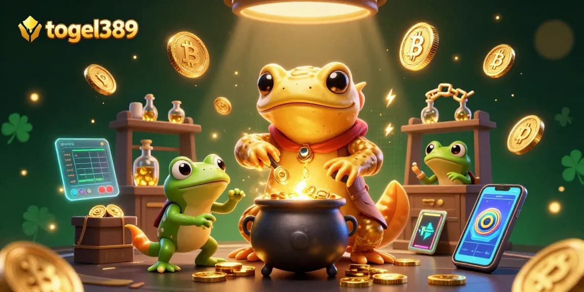 Experience enhanced luck with togel389 in a vibrant 3D casino scene filled with gold and cryptos.