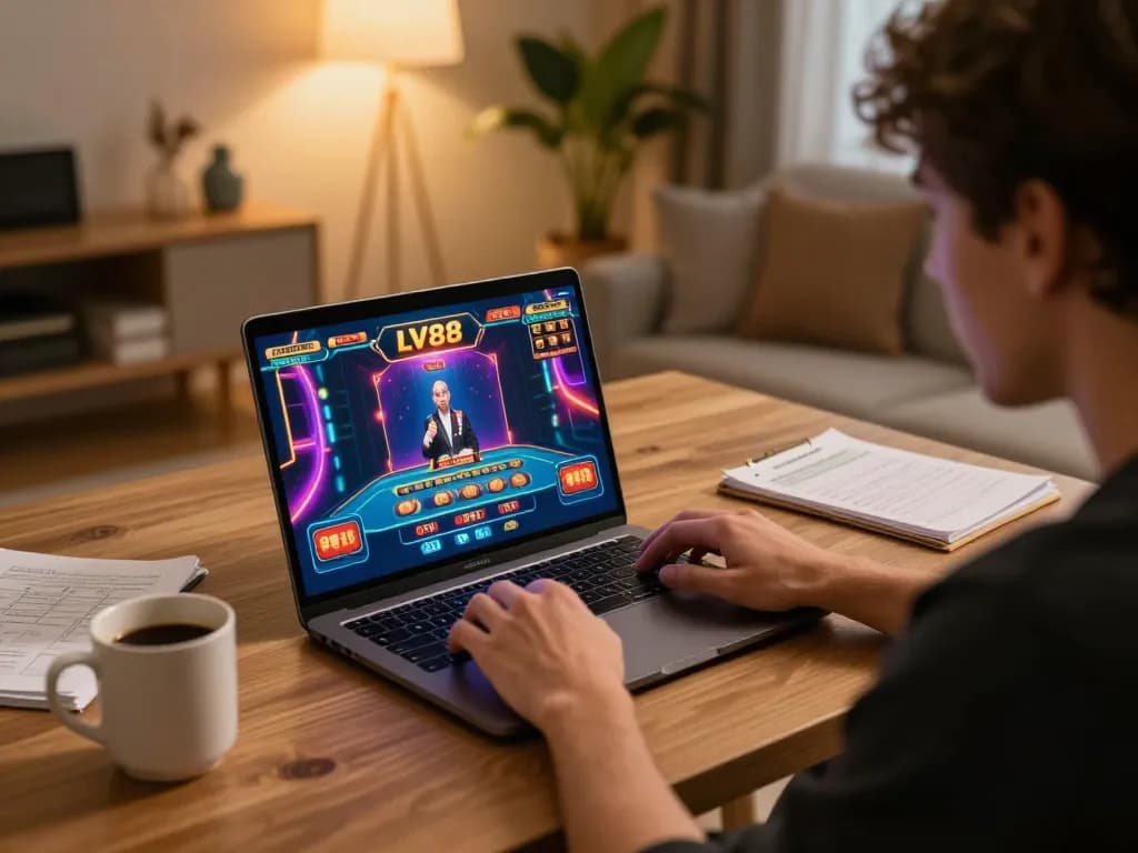 Engaged player enjoying LV88 casino games on a laptop at home, creating a focused gaming atmosphere