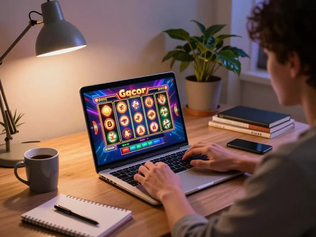 Engaged player enjoying slot gacor games on laptop in a modern home office.