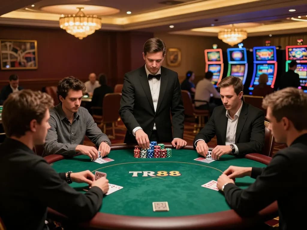 TR88 poker game showcasing players focused on strategic decisions, illuminated by elegant lighting.