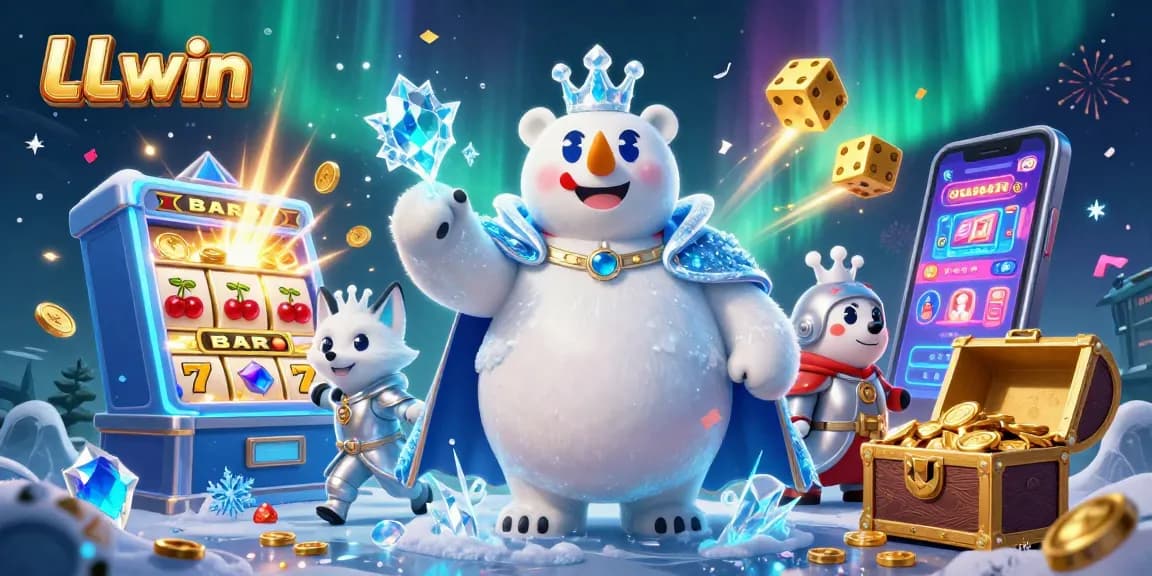 Engage with LLwin's thrilling casino adventure featuring a polar bear king and a snow fox amid a jackpot explosion.