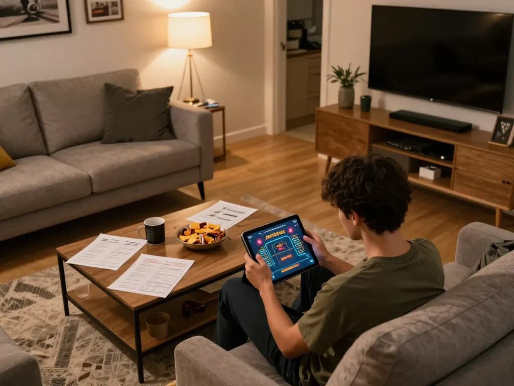 Player engaging with the Jeetbuzz app on a tablet in a cozy home setting while studying betting strategies
