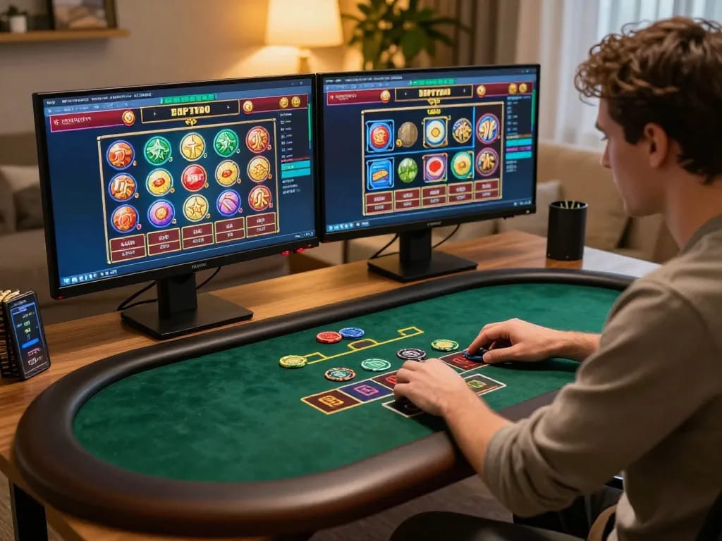 Engaging in strategic online gaming with tr88 interface on dual monitors in a professional setup.