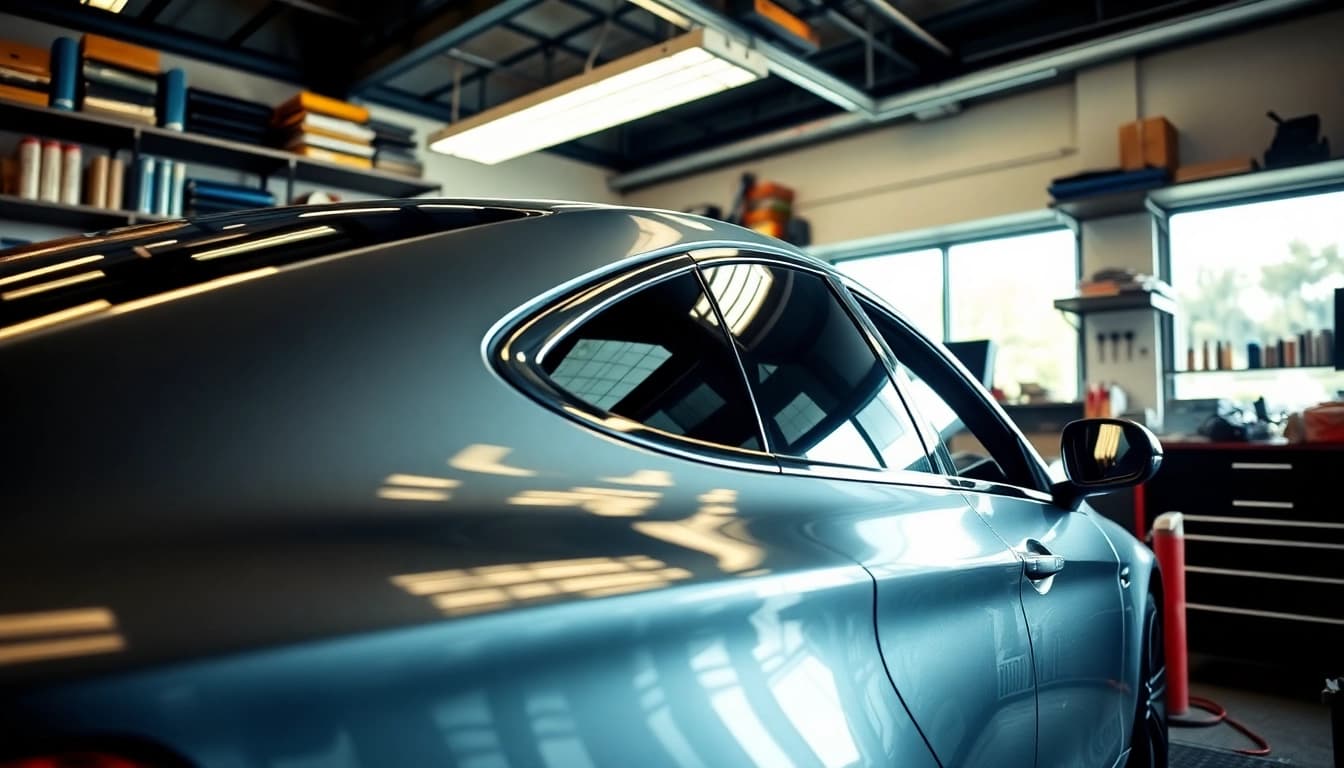 Enhance your car's look with a window tint gift card, showcasing professional tinting work in a garage.
