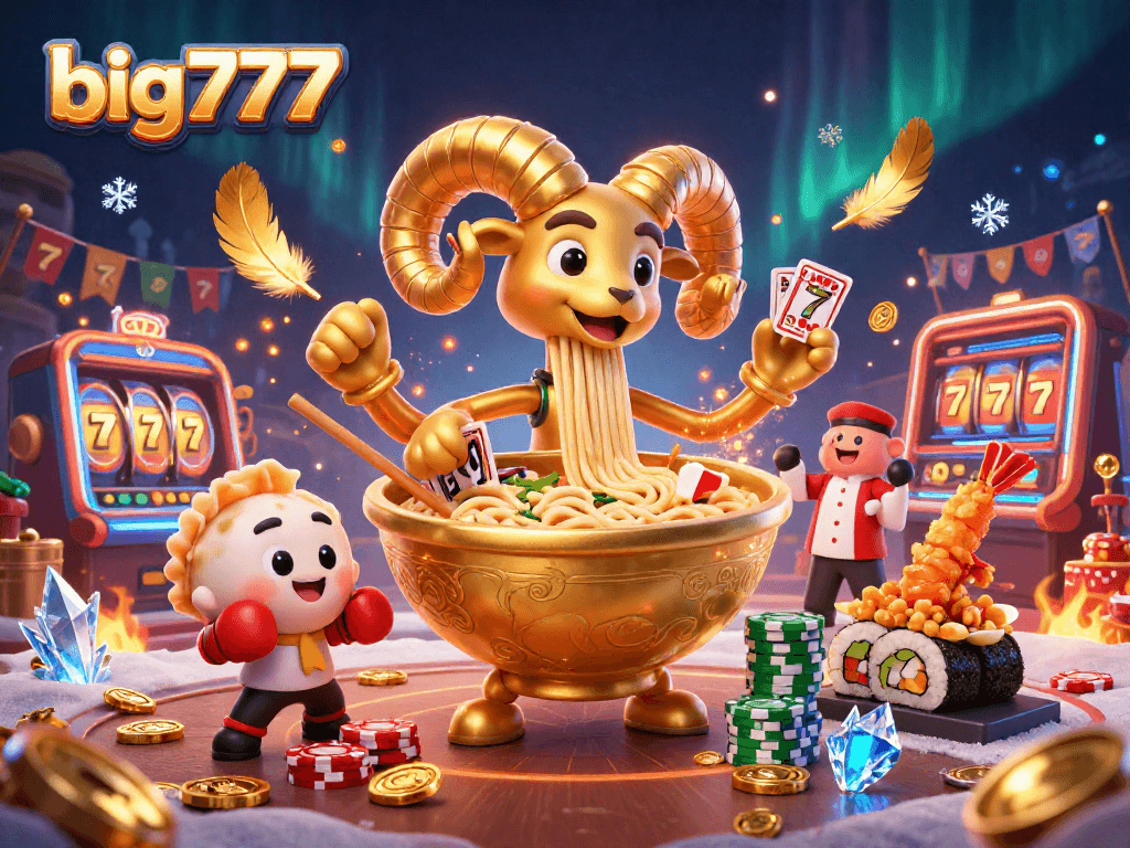 Engage with big777 at a vibrant casino, featuring animated characters and swirling lively game elements.