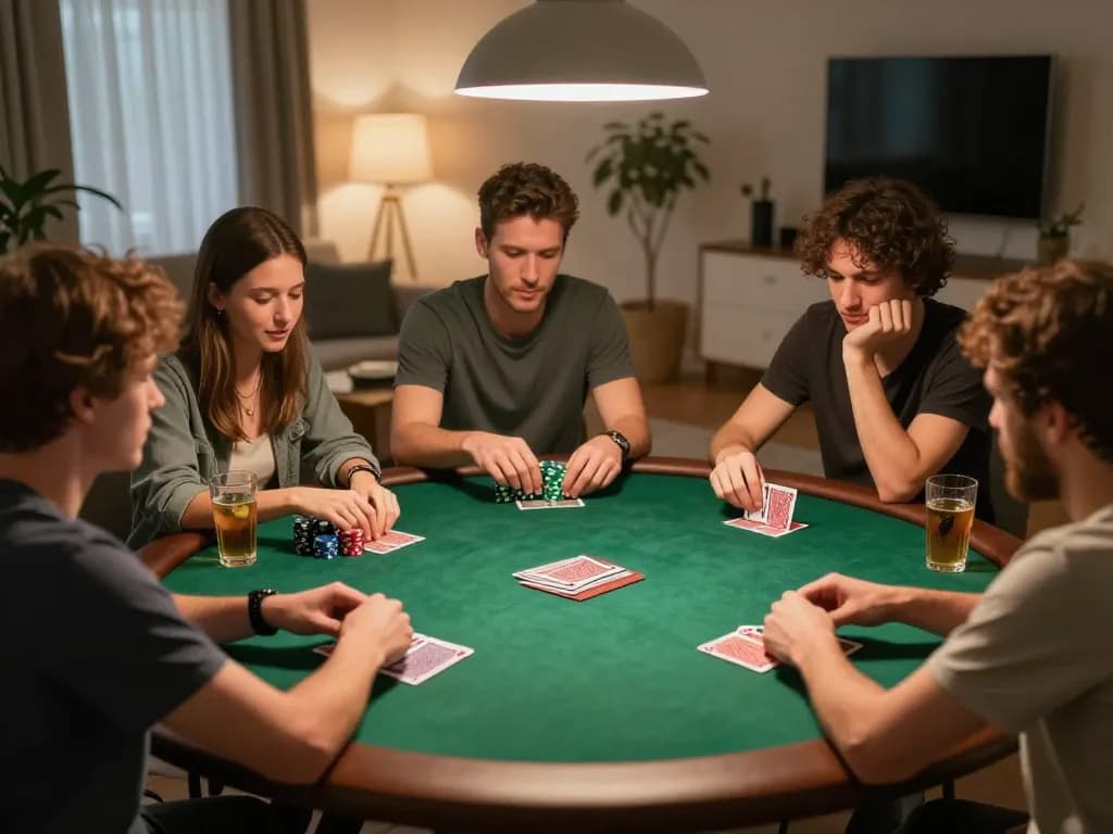 IDC88JOKER players strategizing their poker game around a cozy home table atmosphere.