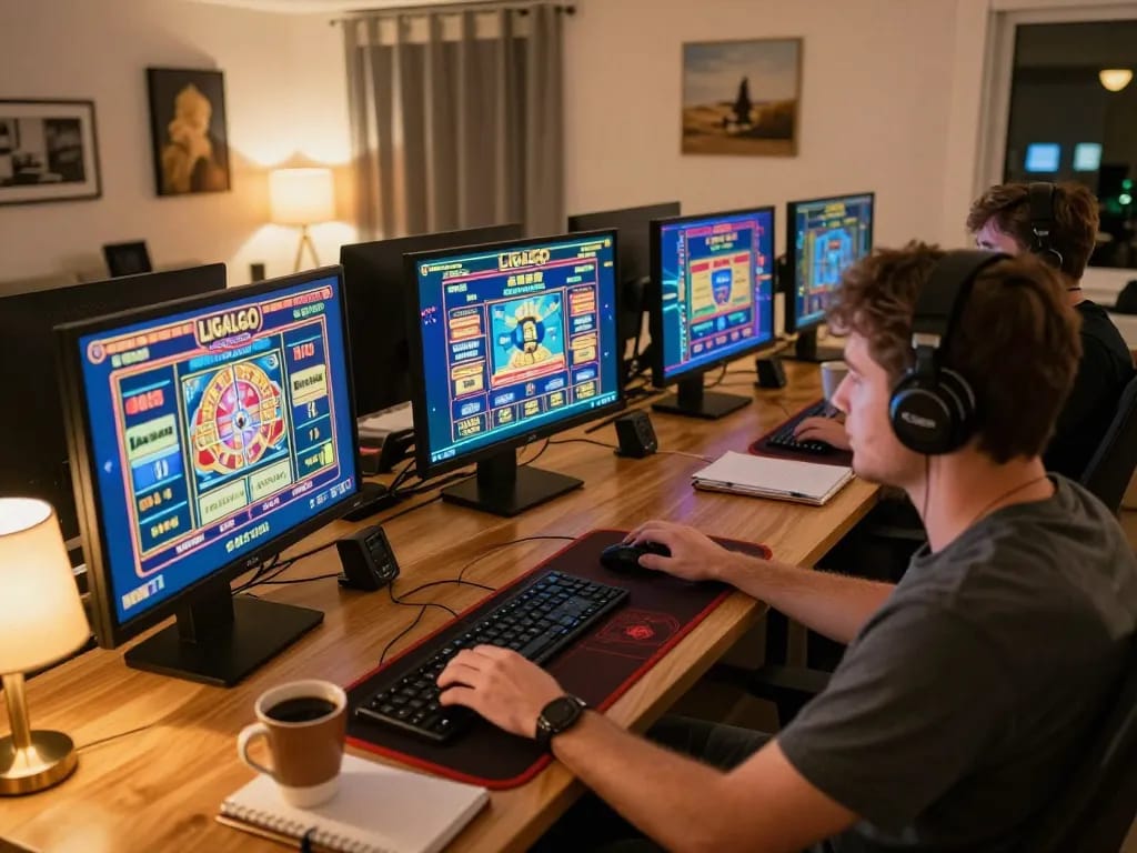 LIGALGO online gaming setup with multiple screens showcasing exciting slot games, reflecting strategic gameplay.