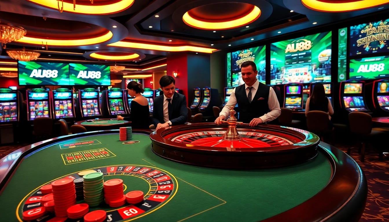 Experience the excitement of AU88 with a luxurious casino scene featuring vibrant gaming tables and roulette wheels.