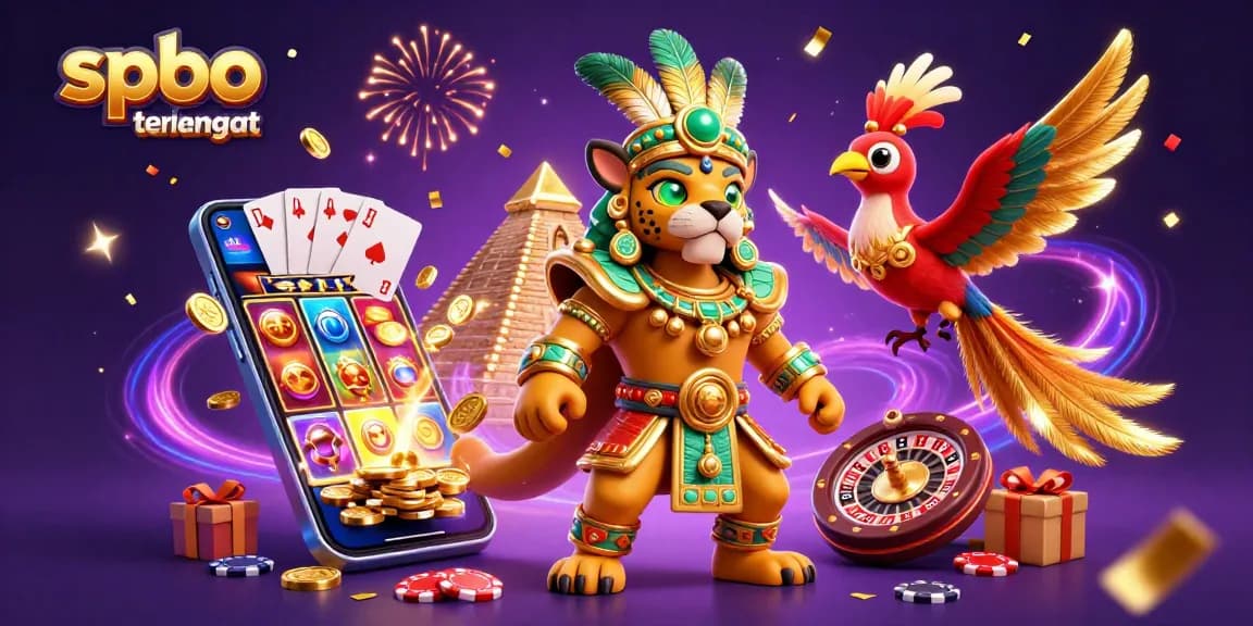 Engage in thrilling slots with spbo terlengkap - a vivid illustration of casino elements and Mayan characters.