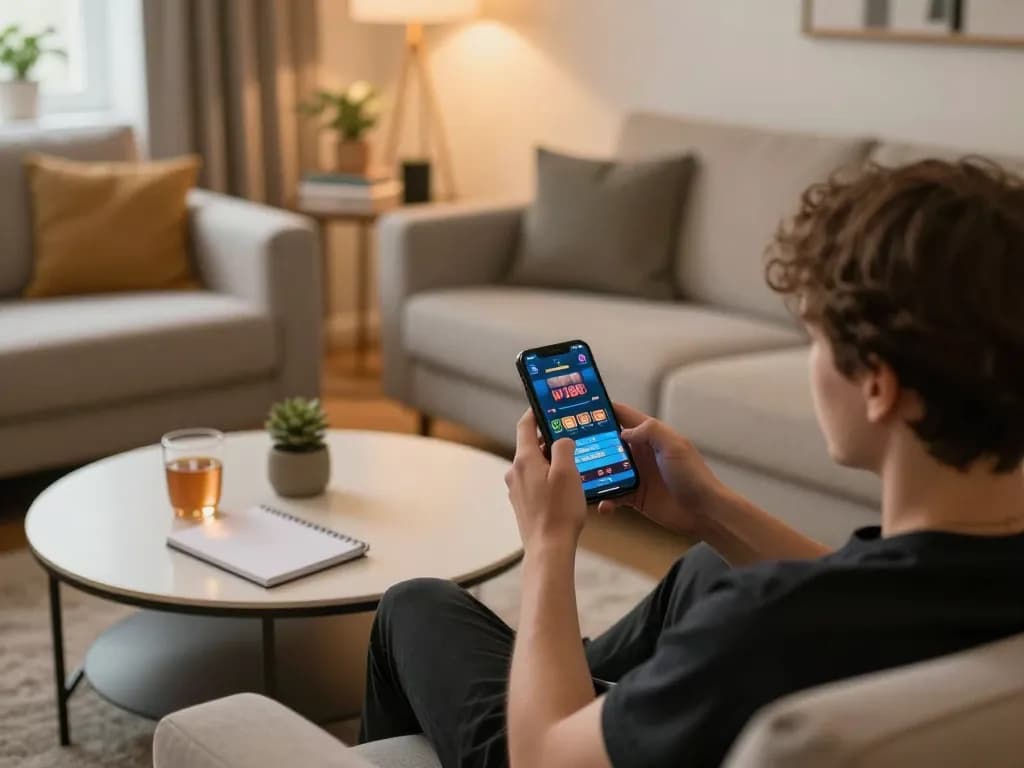 Engaging with the w188 casino app on a smartphone in a cozy home setting