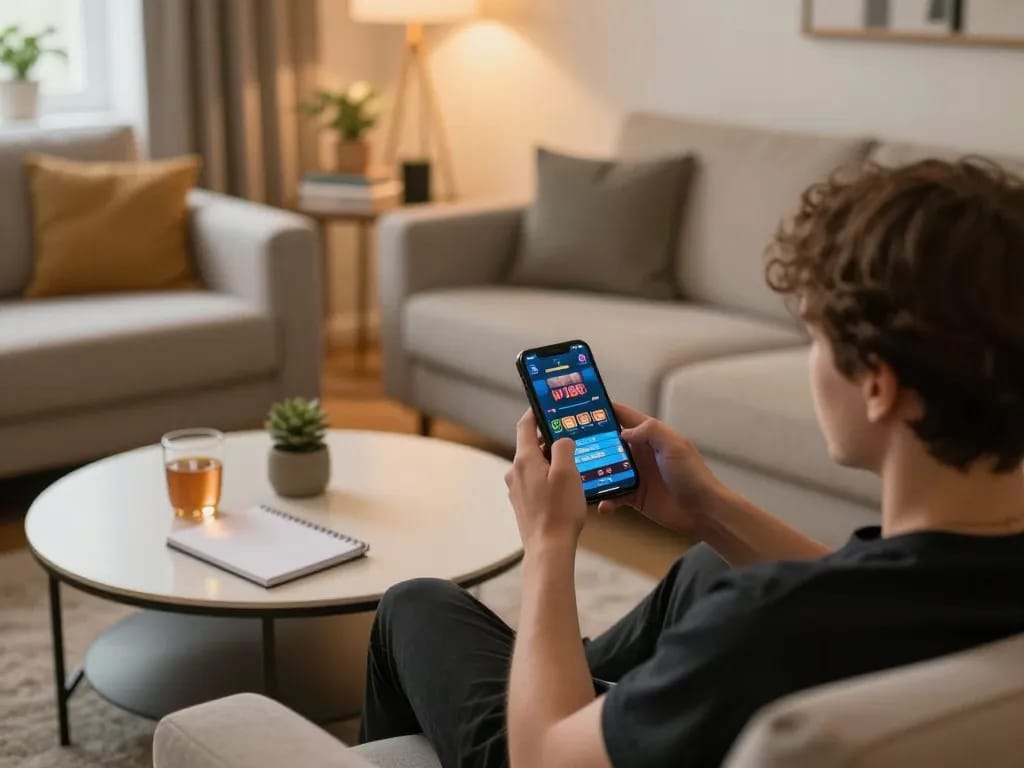 Engaging with the w188 casino app on a smartphone in a cozy home setting