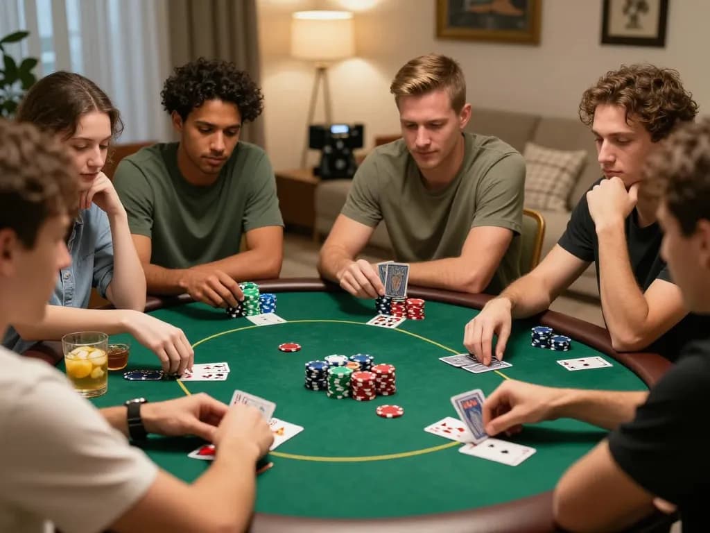 Friends enjoying a poker night at home with engaging gameplay, highlighting 88vv camaraderie and strategy.