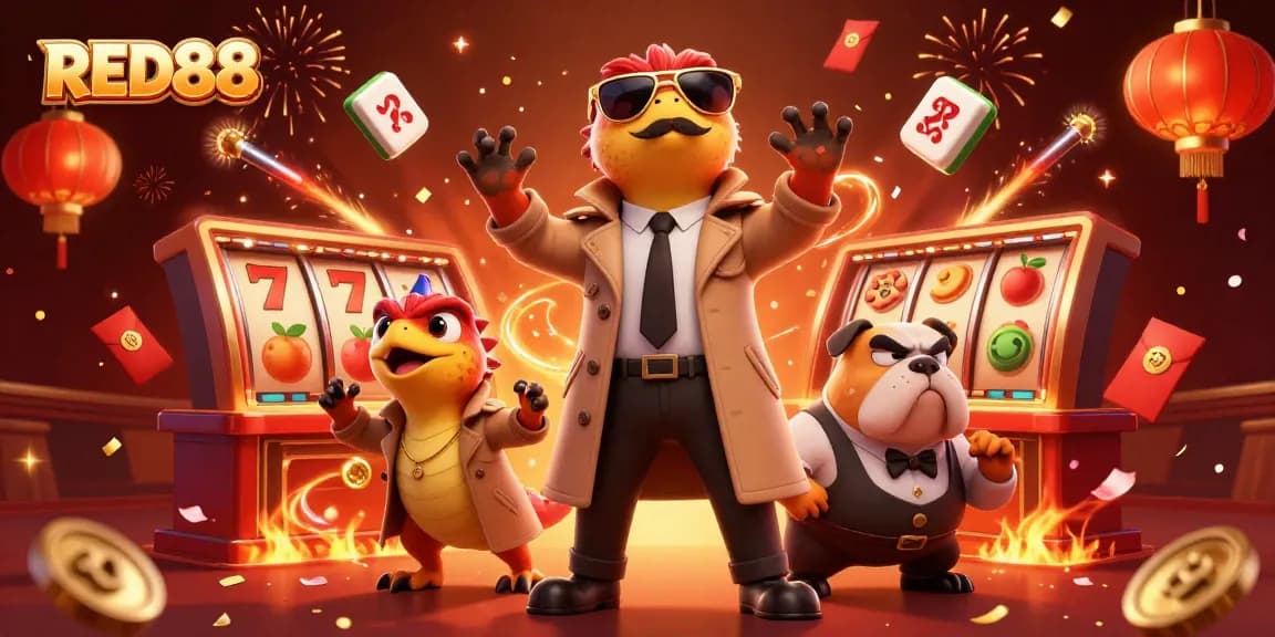 Experience the excitement of RED88 casino with raptors sneaking into a VIP lounge filled with slot machines.