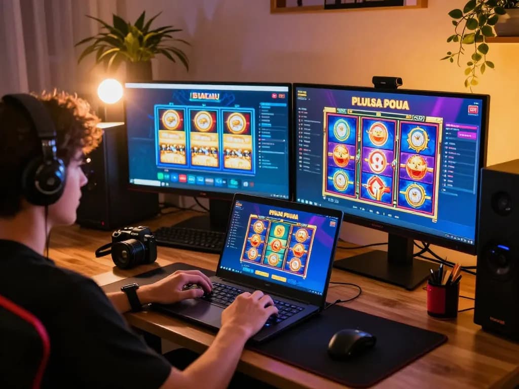 Pemain terlibat dengan permainan slot pulsa di laptop modern dalam pengaturan bermain yang nyaman.