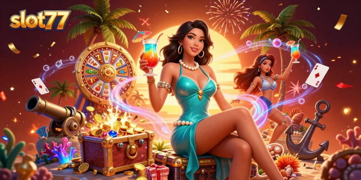 Experience thrilling gameplay with slot77 at a vibrant casino beach resort setting.