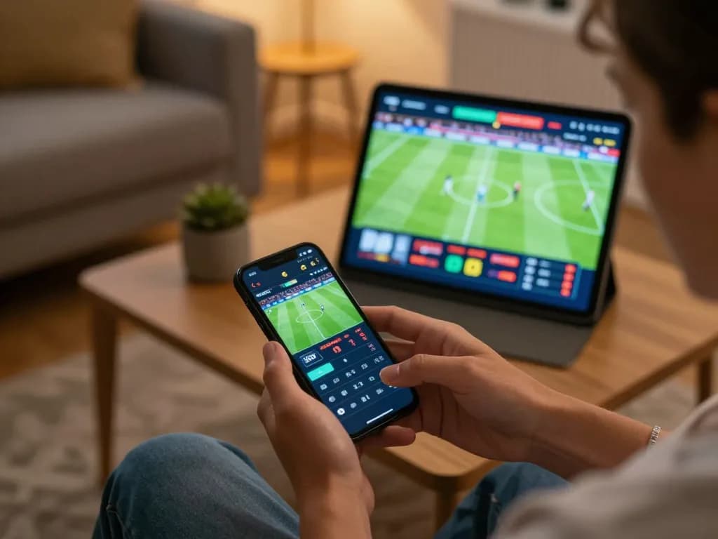 Engaging sports betting setup showing rr88 mobile app on smartphone during live events