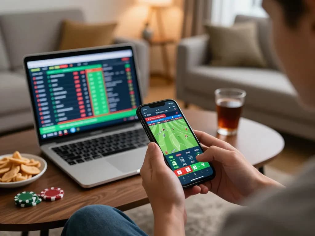 Engaging in online sports betting using smartphone link vào goal123 from a cozy home environment
