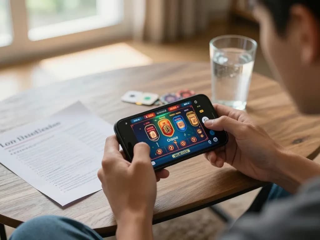 Engaging mobile gaming scene at Legit Online Casino with player using smartphone and strategic notes.