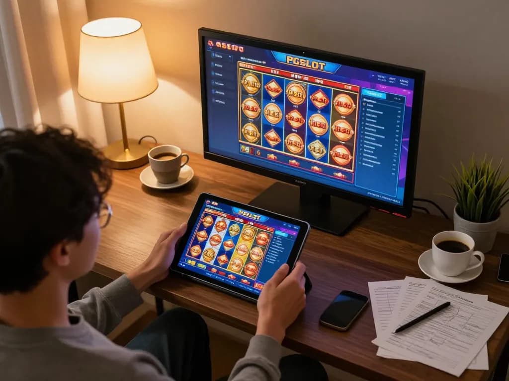 Engaged player enjoying PGSLOT games on a tablet during a cozy home gaming session.