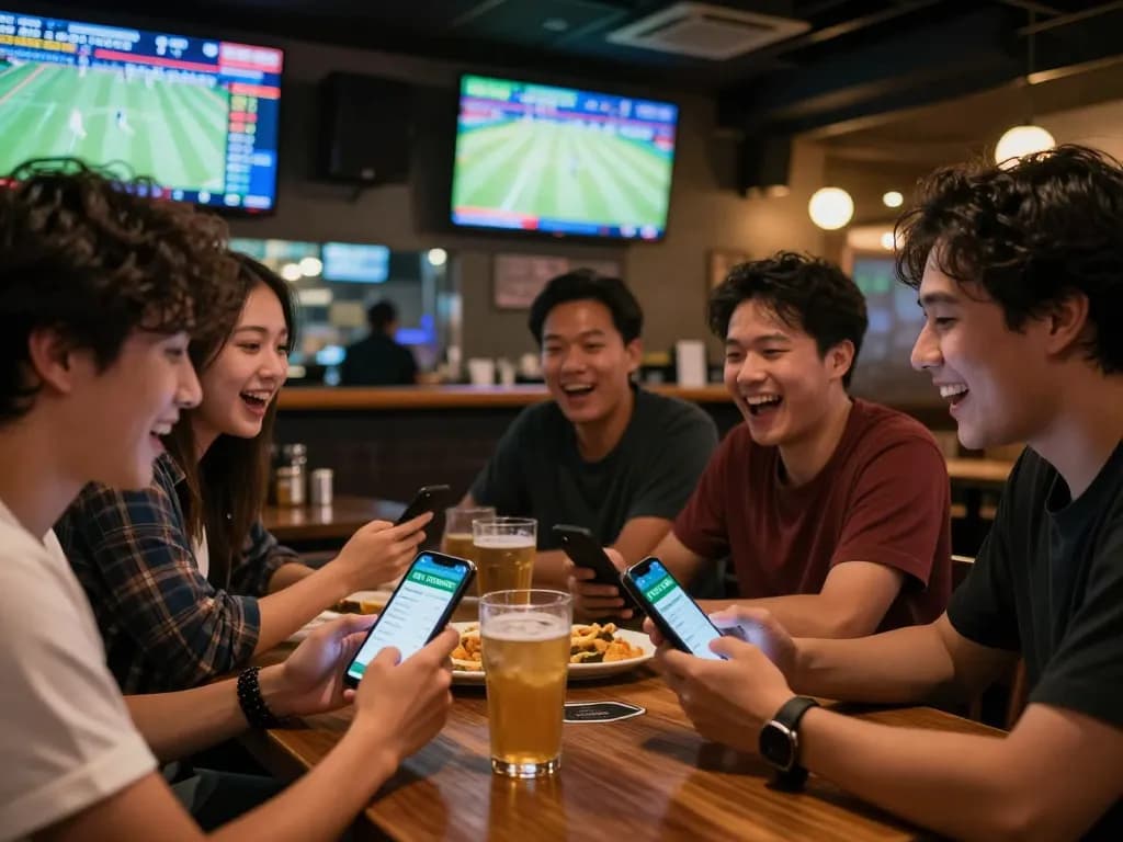 KÈO TRỰC TUYẾN betting enthusiasts analyzing live odds on smartphones at a lively sports bar
