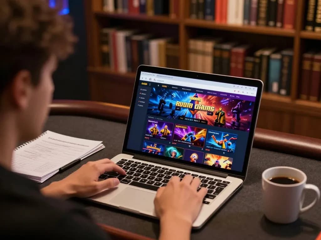 Situs slot gameplay on a laptop with vibrant interface, highlighting responsible gambling strategies.