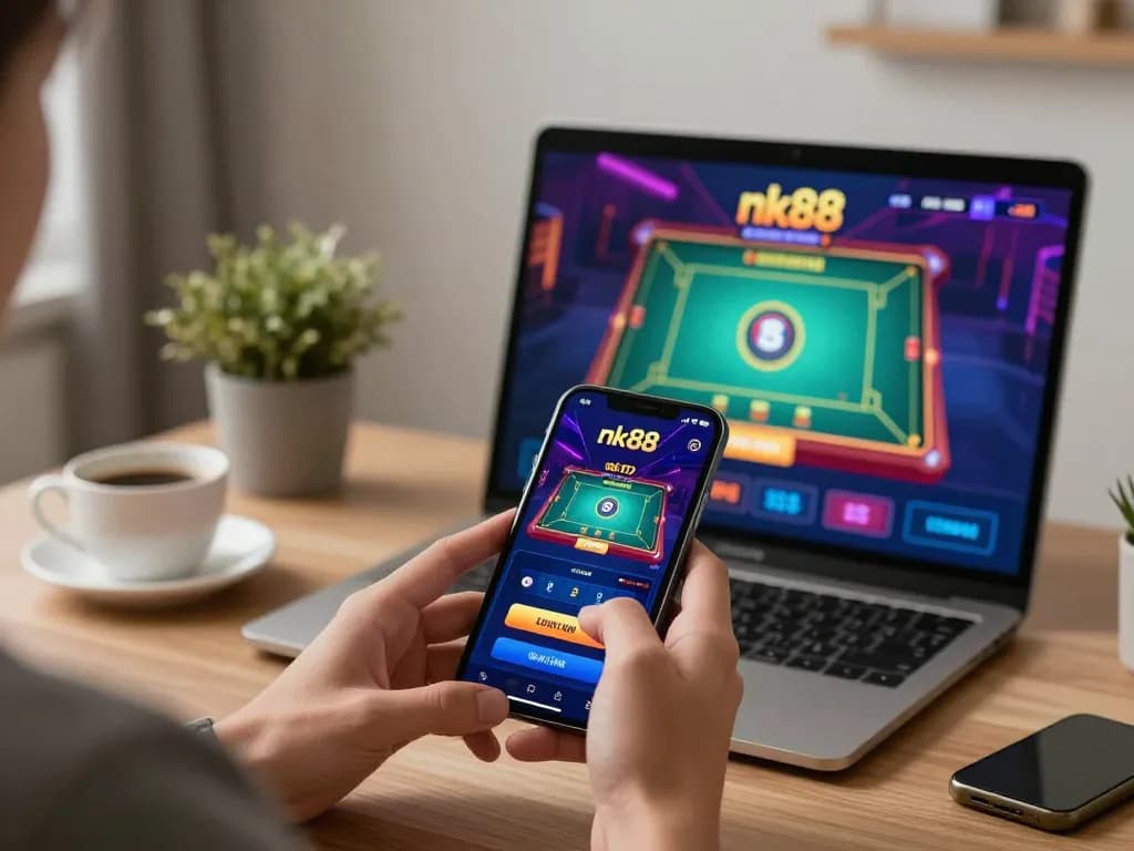 Player enjoying strategic gameplay on nk88 casino app in a stylish home office.