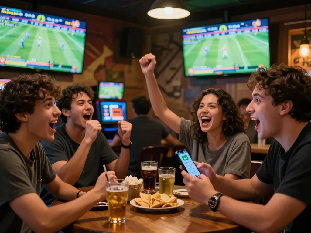 Friends cheer while placing bets on Phtaya interface during sports event, showcasing engaging gameplay.