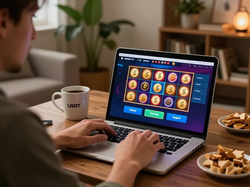 Engaging in thrilling online gambling to play with USDT, showcasing vibrant casino app graphics on laptop.