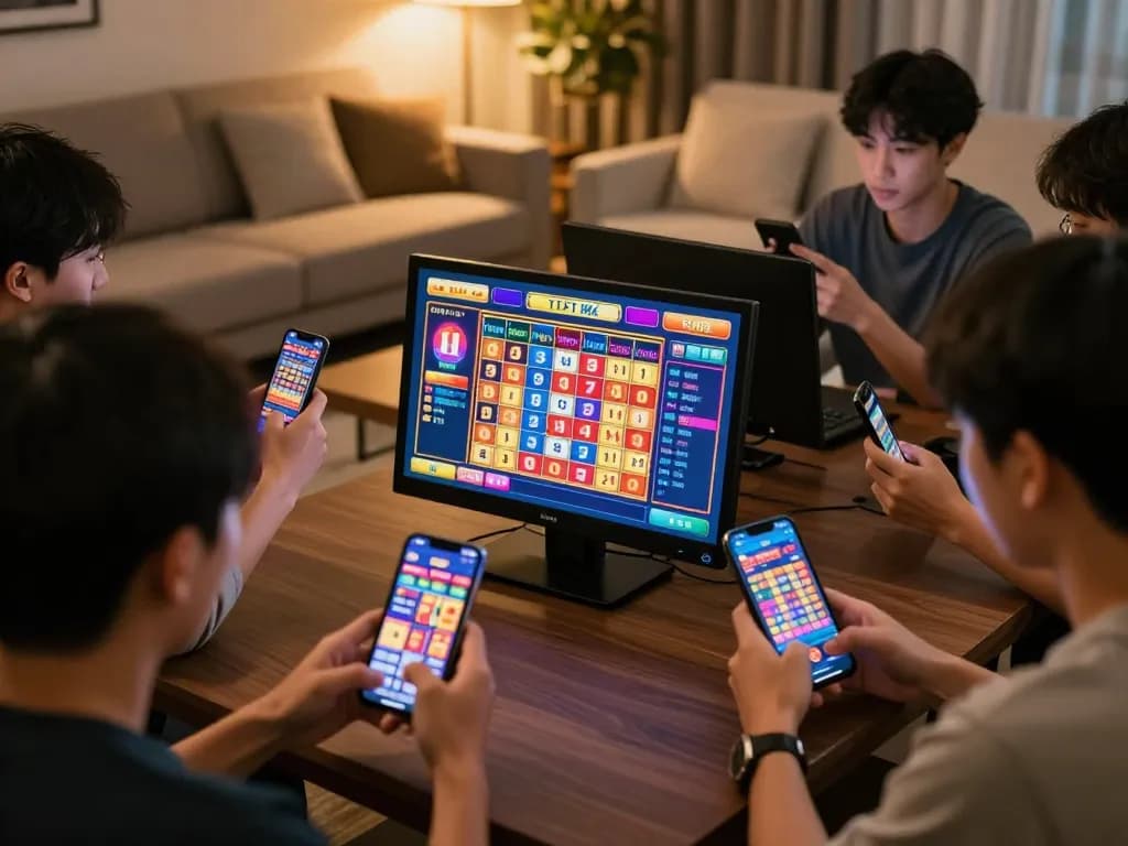 Players placing bets on togel hk using smartphones in an engaging home gaming setup