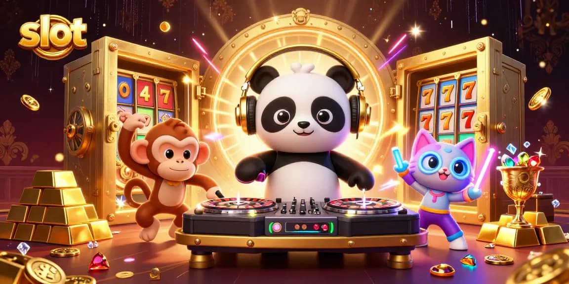 Mainkan slot dengan DJ panda dan karakter menari dalam ilustrasi kasino 3D yang penuh warna dan detail.