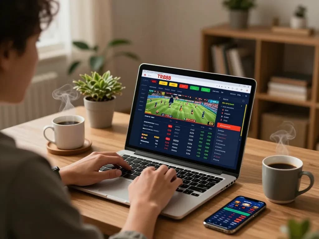 Experience the excitement of TR888 sports betting at home with a cozy setup and live odds on display.