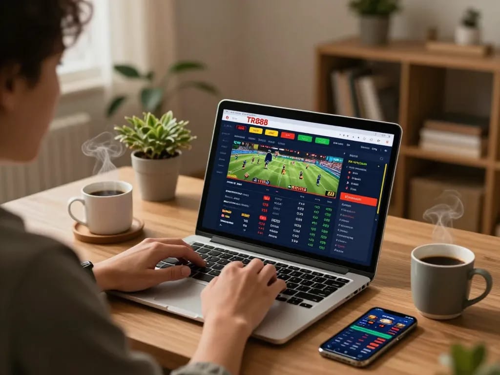 Experience the excitement of TR888 sports betting at home with a cozy setup and live odds on display.