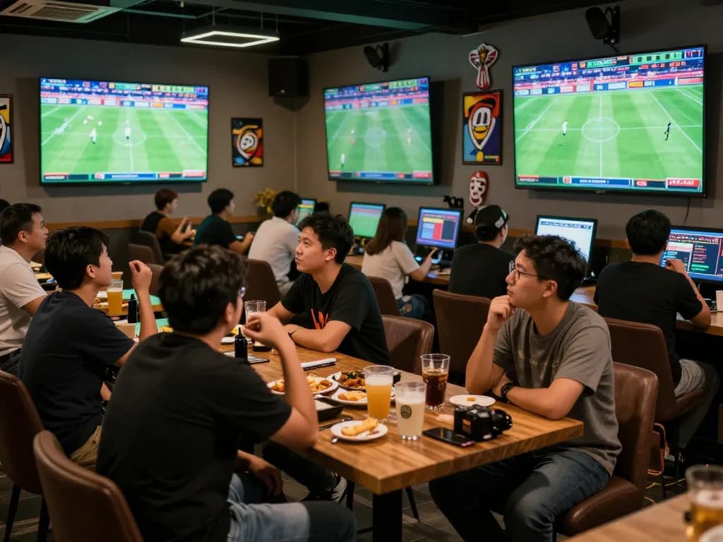 Soi Kèo enthusiasts engaging in sports betting while watching live football matches in a vibrant lounge