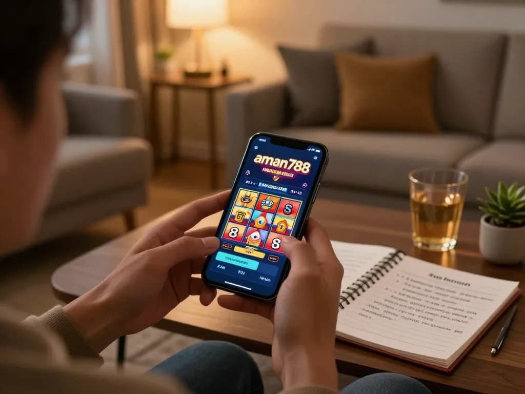 Rasakan kegembiraan aman788 dengan seorang pemain yang terlibat dalam permainan slot online di rumah, menunjukkan taruhan yang strategis