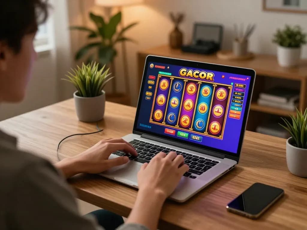 Player engaging with slot gacor games on laptop, colorful reels displayed, cozy home office setup.