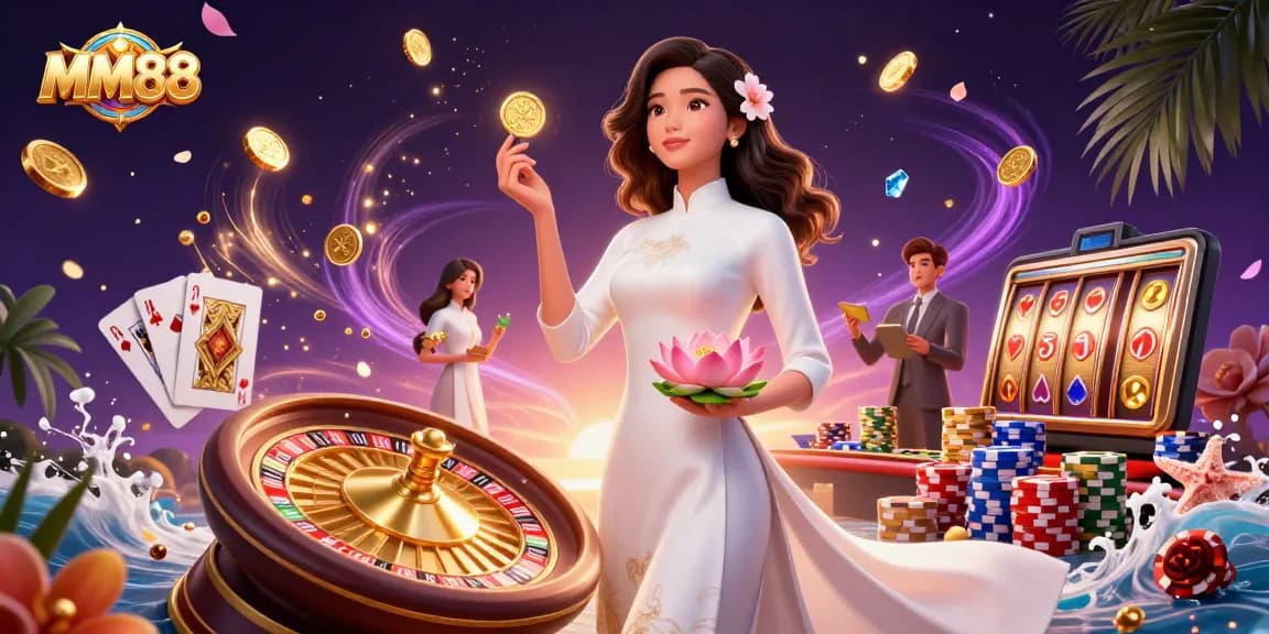 Celebrate winning moments with MM88 in this vibrant and dynamic 3D casino illustration.