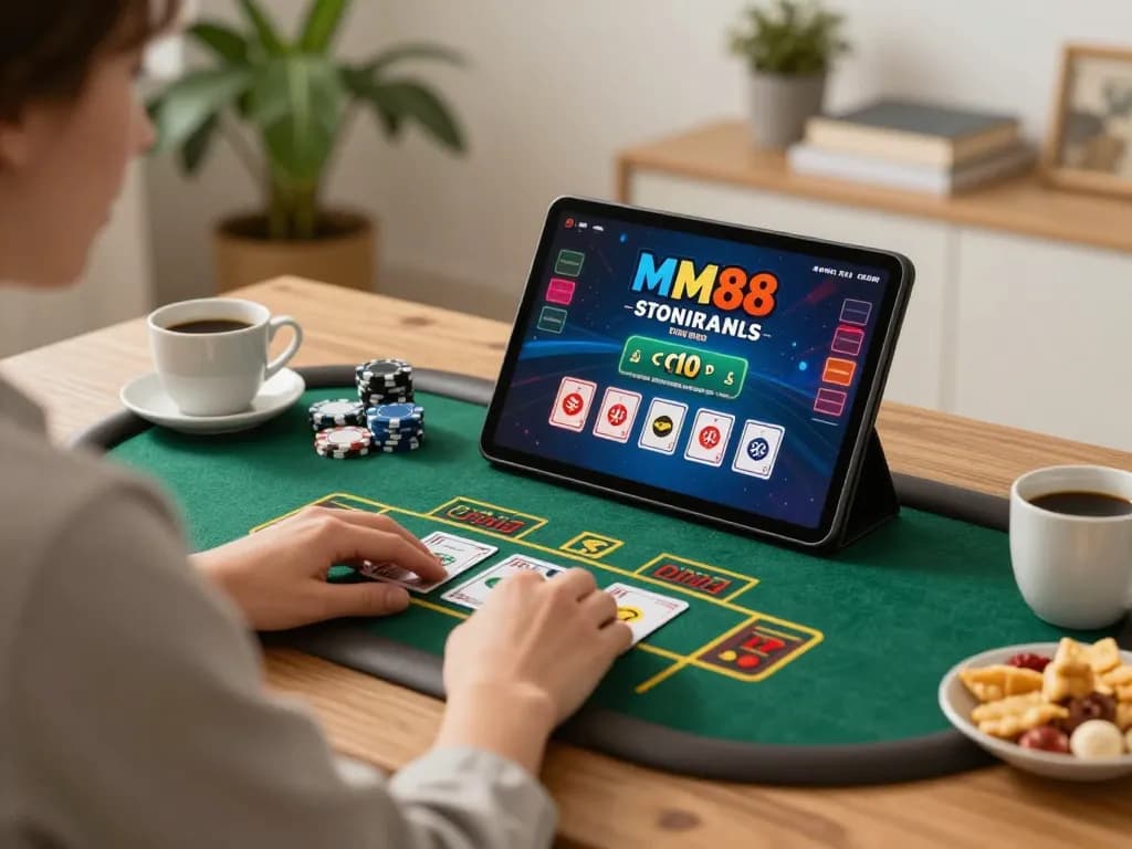 Engaging in mm88 casino games at home, showing a cozy setup with a tablet