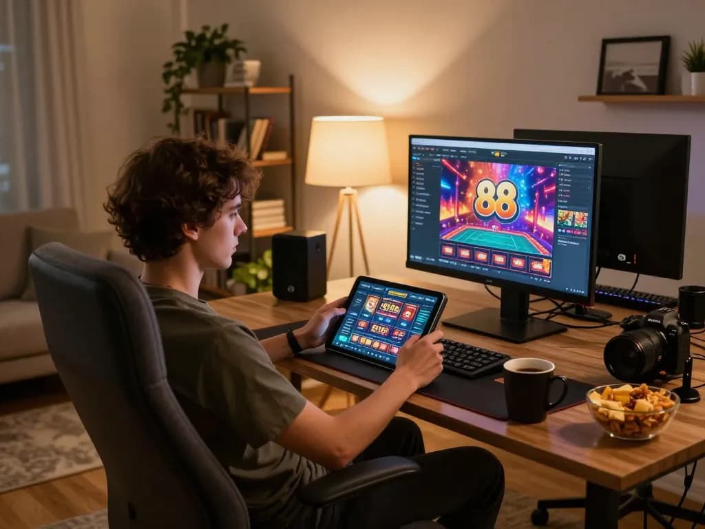 Engaging with open 88 casino app on a tablet from a cozy home gaming setup.