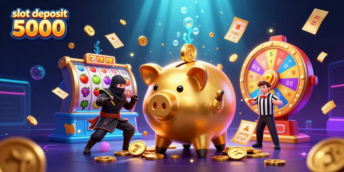 Experience excitement with slot deposit 5000 in a lively 3D gambling illustration featuring vibrant elements.
