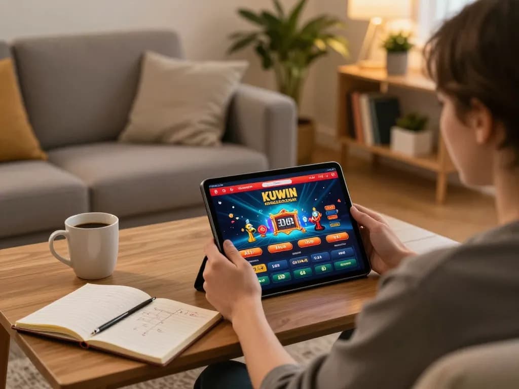 Experience engaging gameplay with KUWIN on a tablet in a cozy home environment.